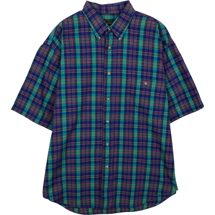 70s-80'S Eddie Bauer Black Tag Short-Sleeve Button-Down Check Shirt, Men's Size L (Equivalent), Vintage cotton blue type Vintage Second Hand