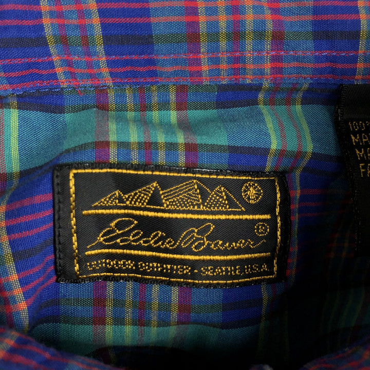 70s-80'S Eddie Bauer Black Tag Short-Sleeve Button-Down Check Shirt, Men's Size L (Equivalent), Vintage cotton blue type Vintage Second Hand