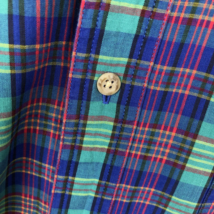 70s-80'S Eddie Bauer Black Tag Short-Sleeve Button-Down Check Shirt, Men's Size L (Equivalent), Vintage cotton blue type Vintage Second Hand