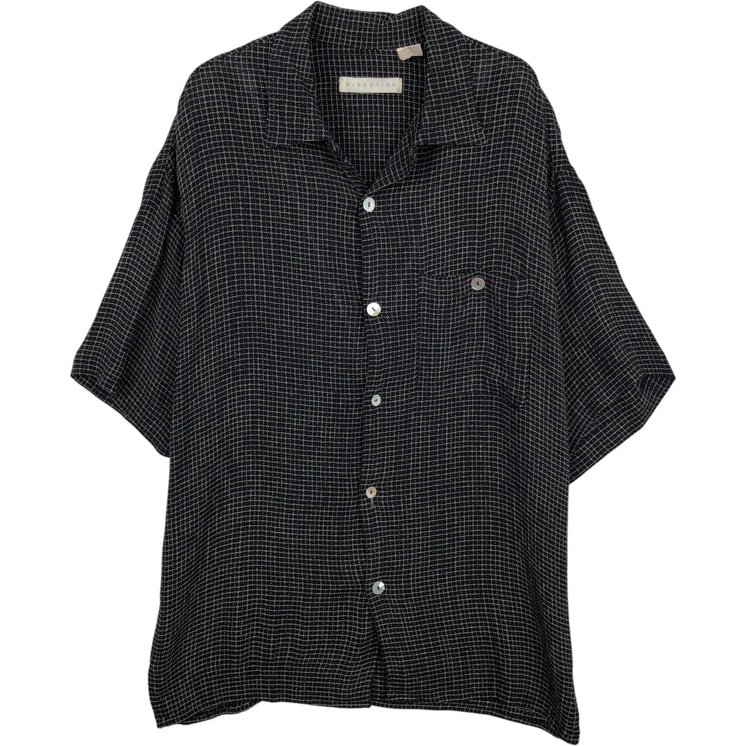 DIRECTION Check Pattern Short-Sleeve Open Collar Rayon Shirt, Boxy Shirt, Made in USA, Men's Size L Rayon black type Vintage Second Hand