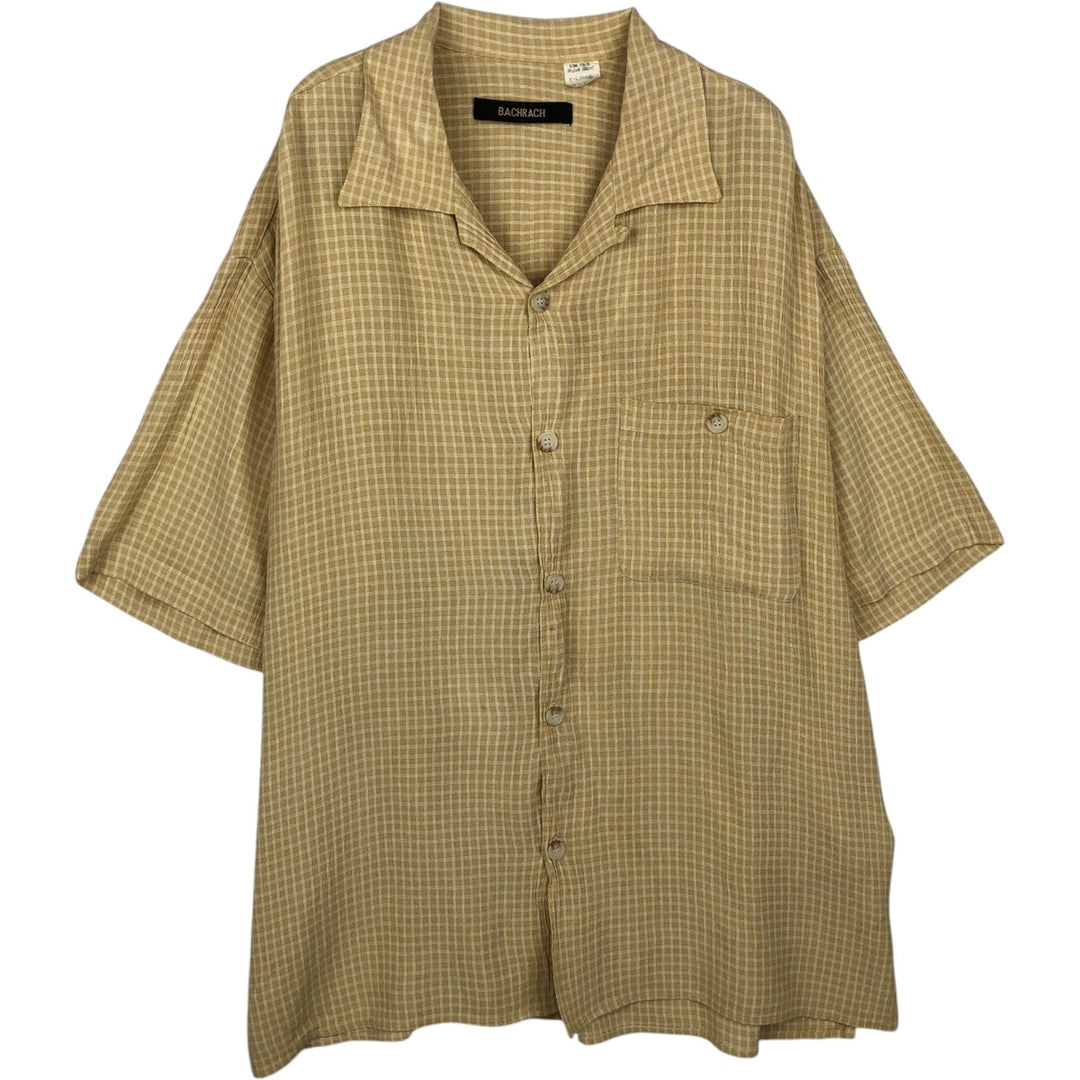 90s-era BACHRACH check pattern short-sleeved open-collar rayon shirt, boxy fit, made in USA, men's size XL equivalent, vintage. Rayon yellow type Vintage Second Hand
