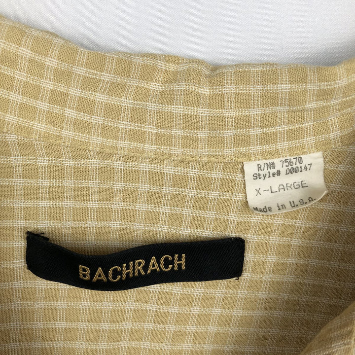 90s-era BACHRACH check pattern short-sleeved open-collar rayon shirt, boxy fit, made in USA, men's size XL equivalent, vintage. Rayon yellow type Vintage Second Hand