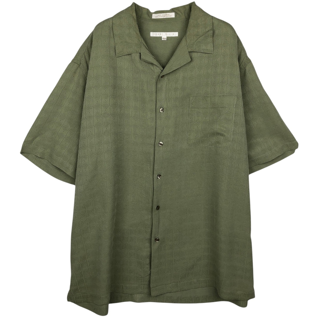 Perry Ellis All-over Print Short Sleeve Open Collar Silk Shirt Box Shirt Men's XL silk green type yellow green Vintage Second Hand