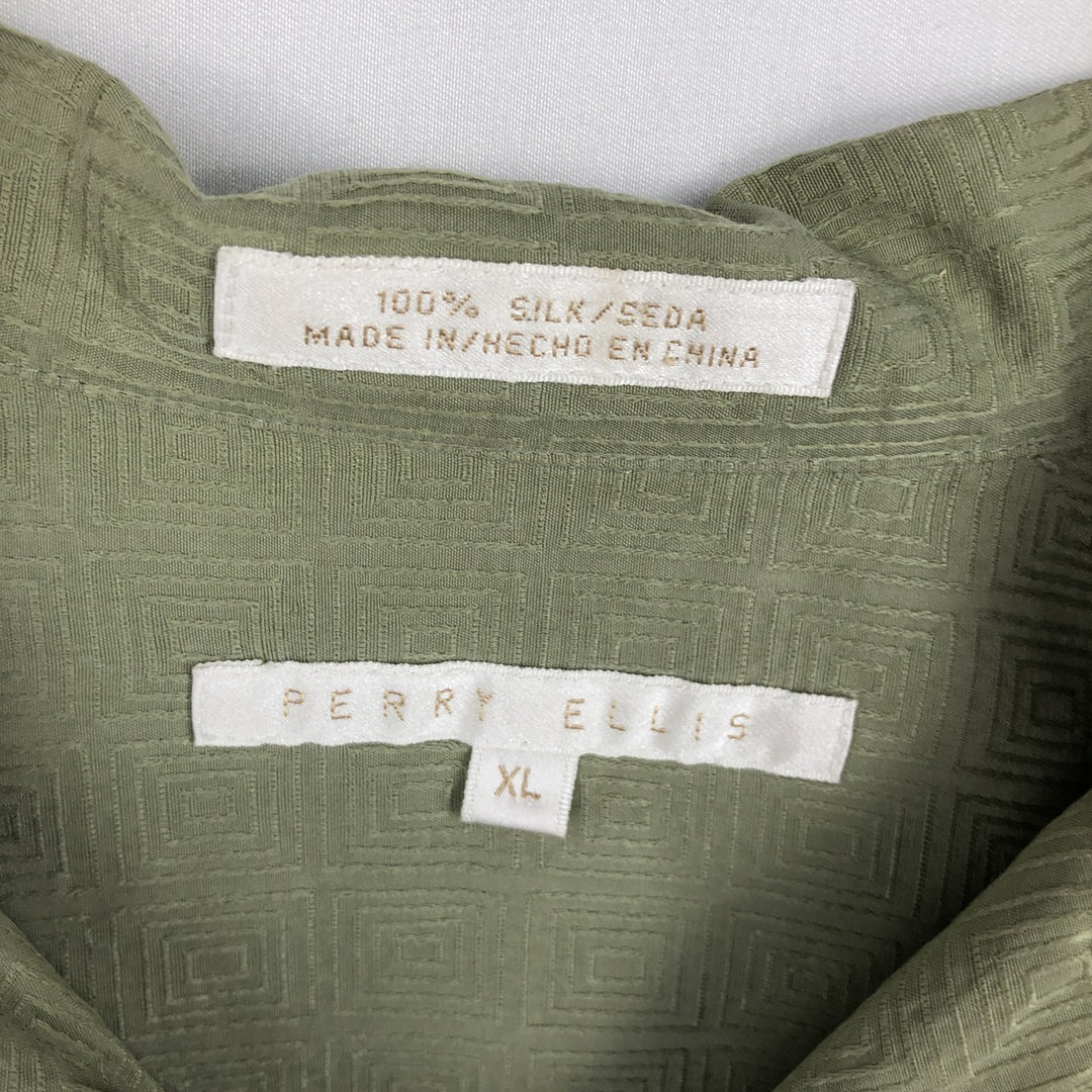 Perry Ellis All-over Print Short Sleeve Open Collar Silk Shirt Box Shirt Men's XL silk green type yellow green Vintage Second Hand