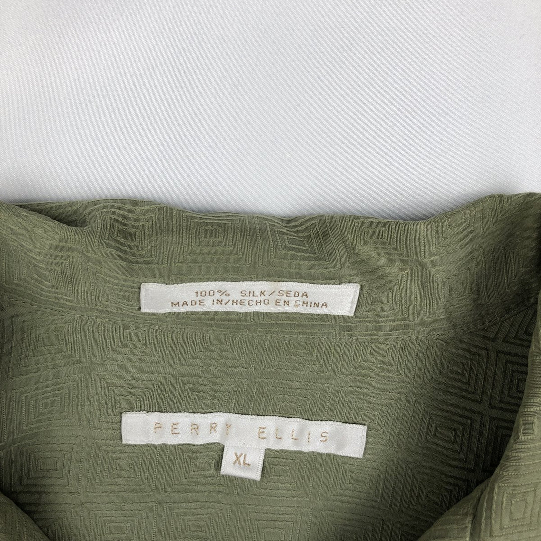 Perry Ellis All-over Print Short Sleeve Open Collar Silk Shirt Box Shirt Men's XL silk green type yellow green Vintage Second Hand