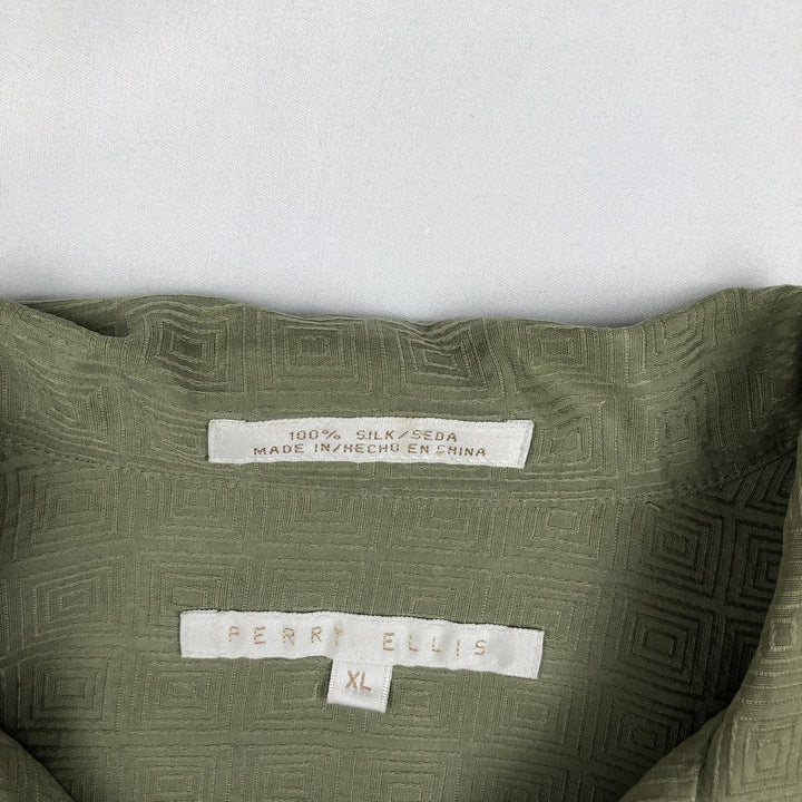 Perry Ellis All-over Print Short Sleeve Open Collar Silk Shirt Box Shirt Men's XL silk green type yellow green Vintage Second Hand