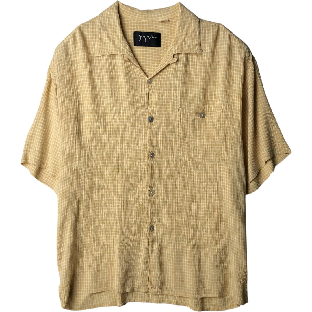 Jay y. Ko Check Pattern Short-Sleeve Open Collar Rayon Shirt, Boxy Shirt, Made in USA, Men's XL Equivalent Rayon yellow type Vintage Second Hand