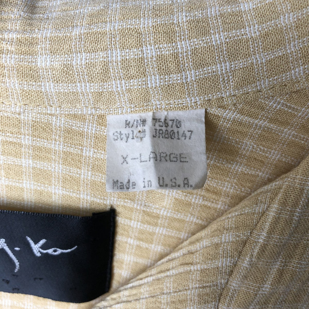Jay y. Ko Check Pattern Short-Sleeve Open Collar Rayon Shirt, Boxy Shirt, Made in USA, Men's XL Equivalent Rayon yellow type Vintage Second Hand