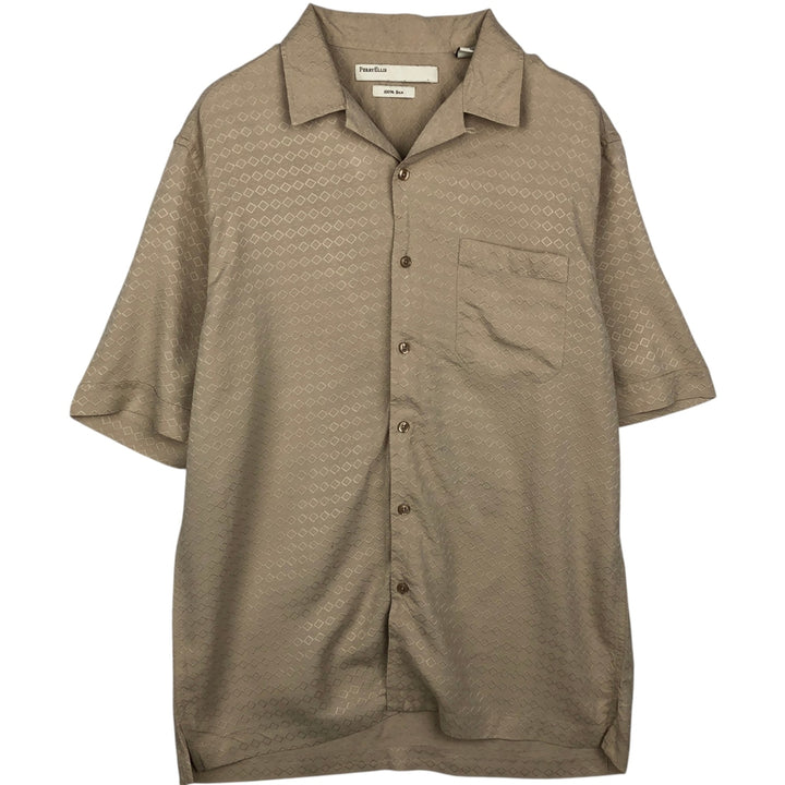 Perry Ellis All-over Print Short Sleeve Open Collar Silk Shirt Box Shirt Men's M Size silk Beige type Vintage Second Hand