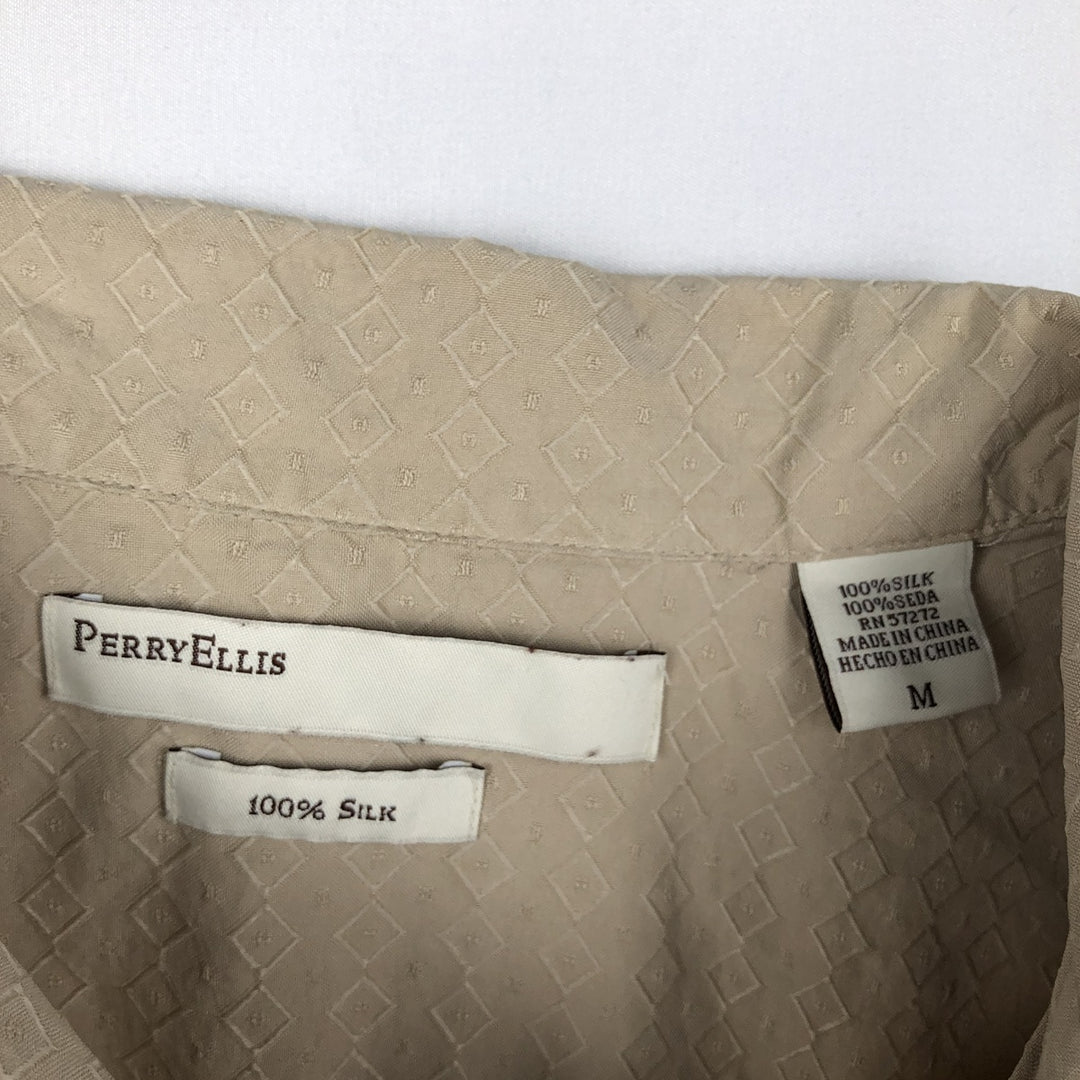 Perry Ellis All-over Print Short Sleeve Open Collar Silk Shirt Box Shirt Men's M Size silk Beige type Vintage Second Hand