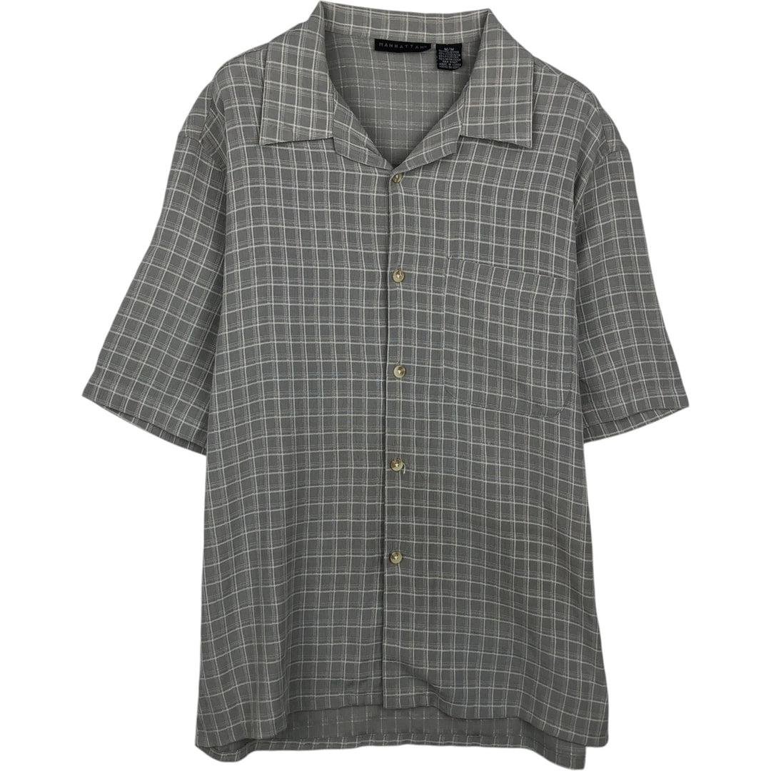 Manhattan Short-Sleeve Open-Collar Poly/Rayon Box Shirt, Men's Size M (approx.) polyester gray type Vintage Second Hand