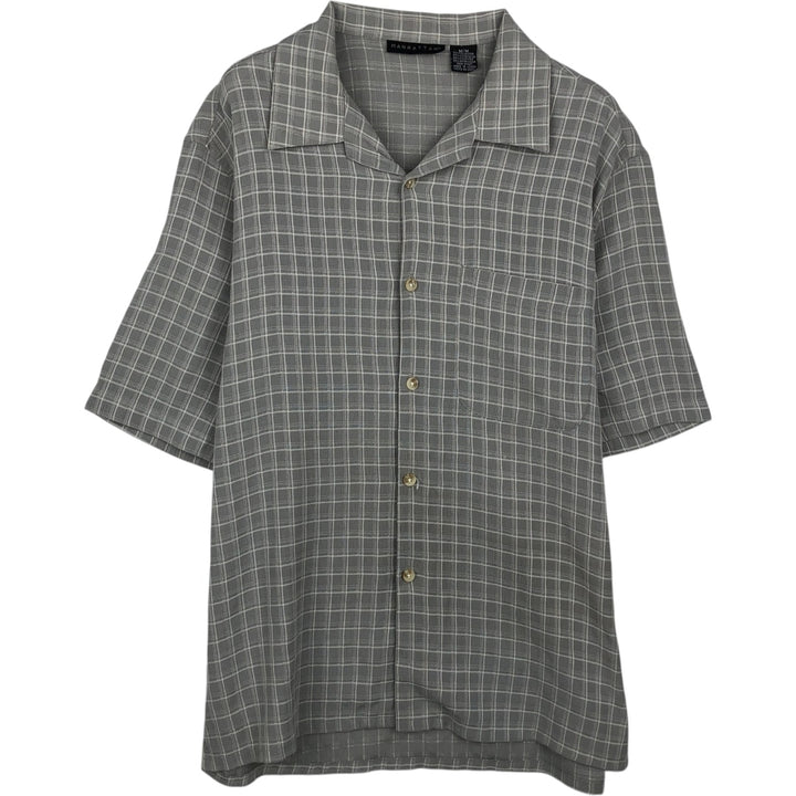 Manhattan Short-Sleeve Open-Collar Poly/Rayon Box Shirt, Men's Size M (approx.) polyester gray type Vintage Second Hand