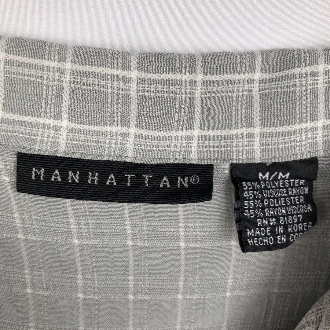 Manhattan Short-Sleeve Open-Collar Poly/Rayon Box Shirt, Men's Size M (approx.) polyester gray type Vintage Second Hand