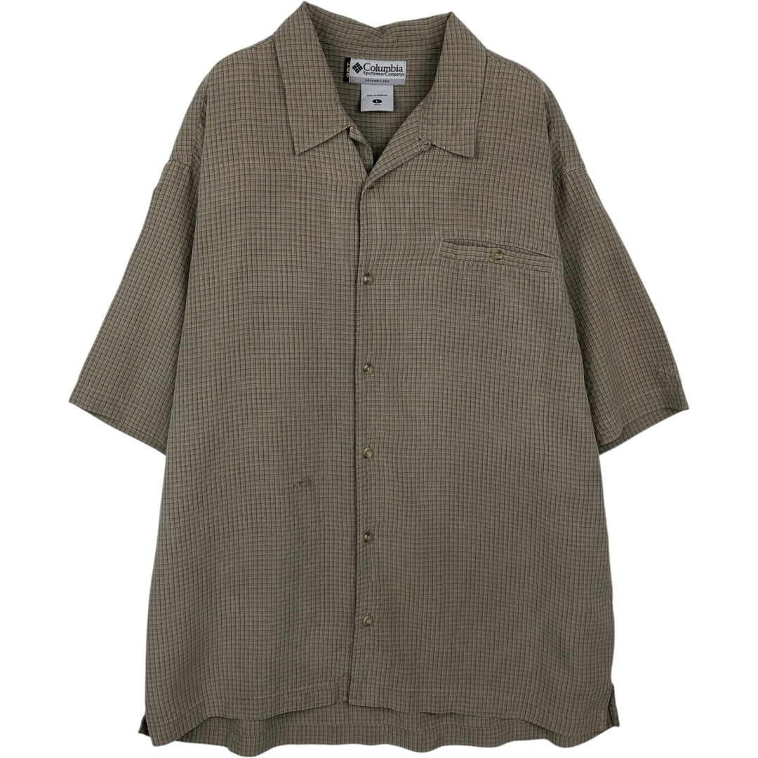 Columbia GRT Check Pattern Open Collar Modal Short Sleeve Box Shirt (Men's Size L) Modal Khaki type beige Vintage Second Hand