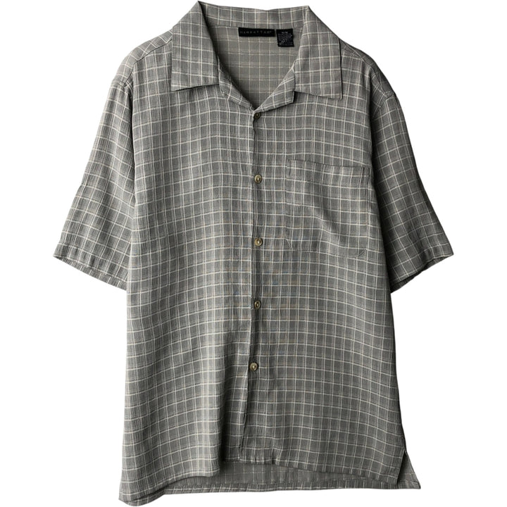 Manhattan MANHATTAN Check Pattern Short-Sleeve Open Collar Viscose Shirt Men's Size M (approx.) polyester gray type Vintage Second Hand