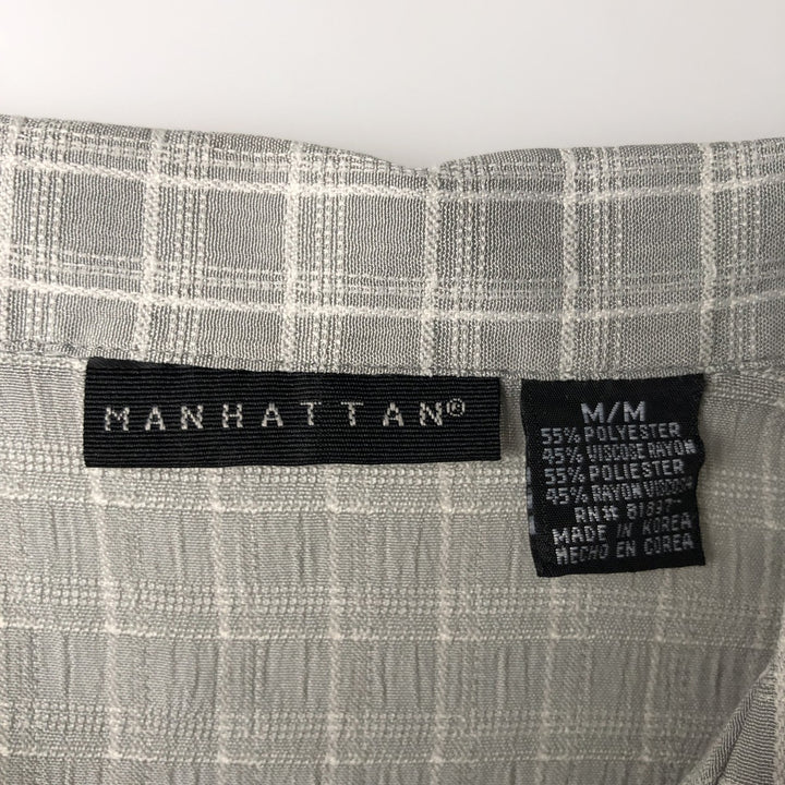 Manhattan MANHATTAN Check Pattern Short-Sleeve Open Collar Viscose Shirt Men's Size M (approx.) polyester gray type Vintage Second Hand