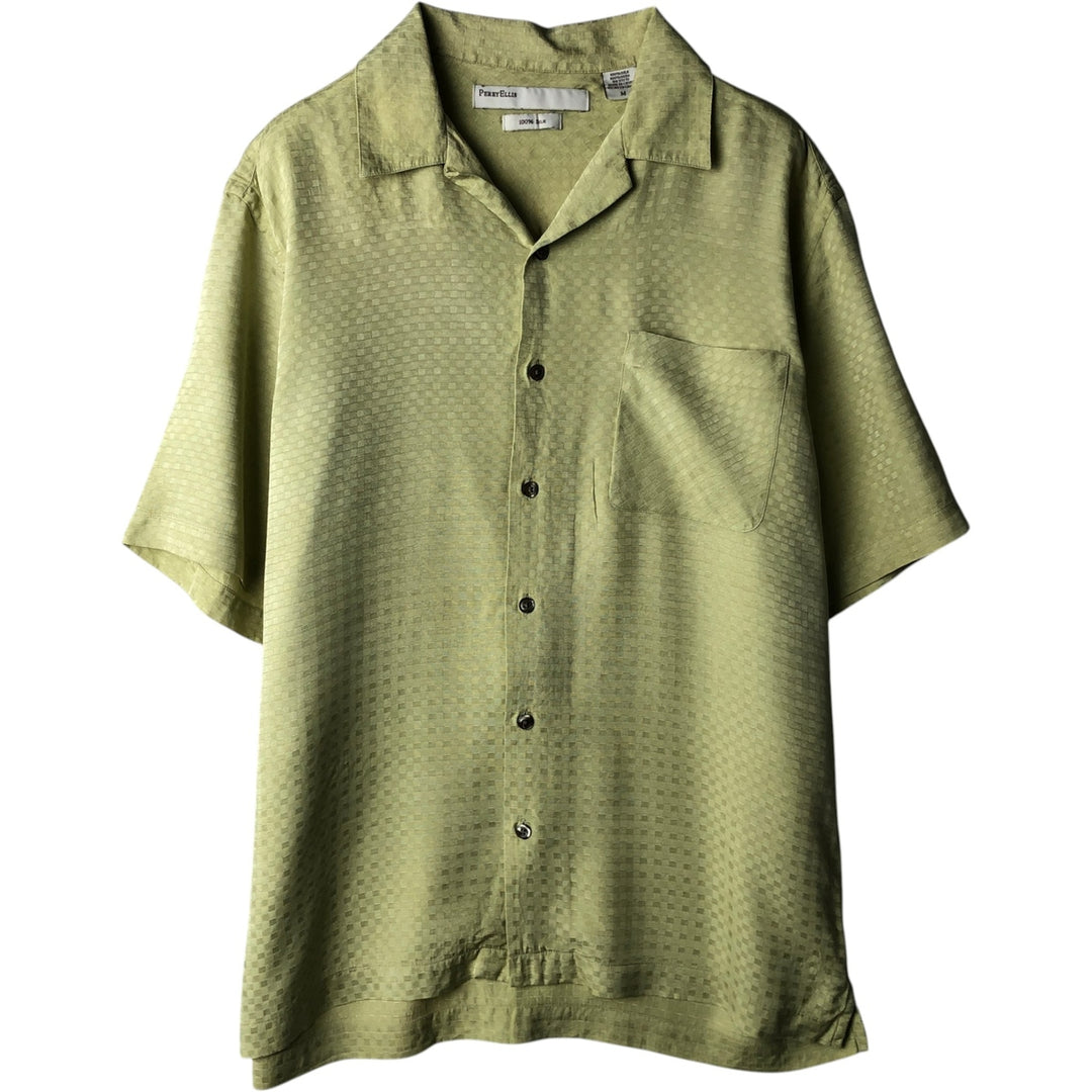 Perry Ellis PERRY ELLIS All-over Print Short Sleeve Silk Shirt Box Shirt Men's M Size silk yellow type Vintage Second Hand