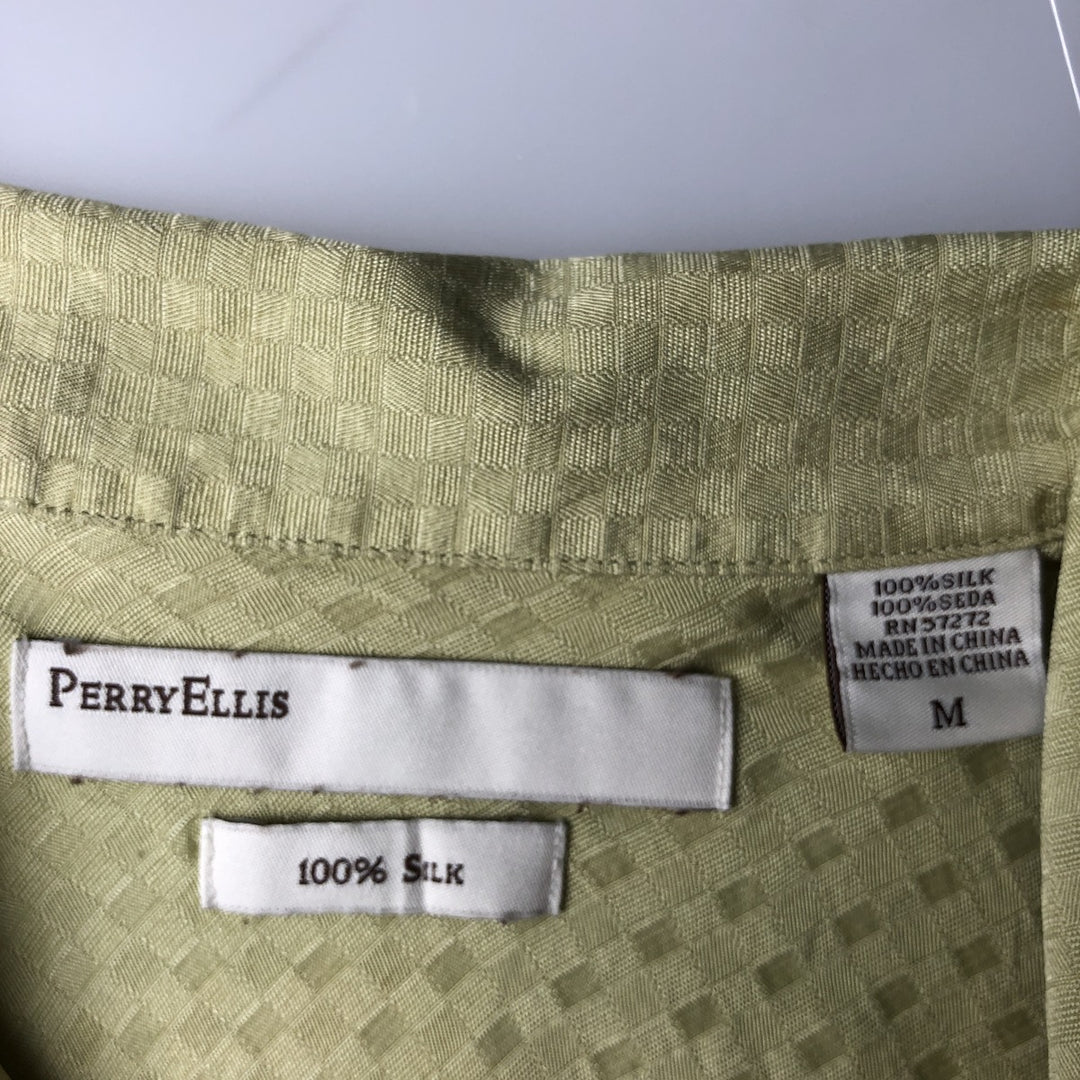 Perry Ellis PERRY ELLIS All-over Print Short Sleeve Silk Shirt Box Shirt Men's M Size silk yellow type Vintage Second Hand