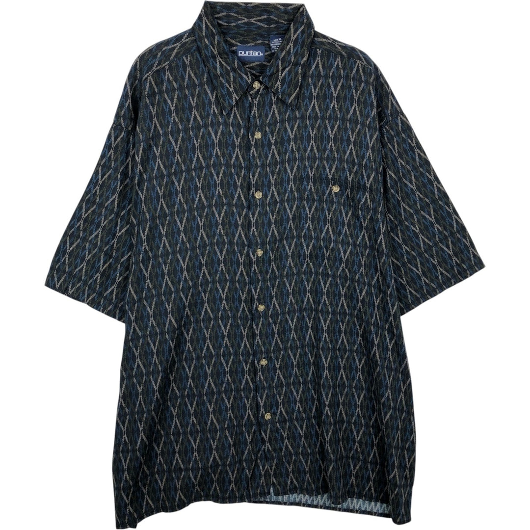 Puritan all-over print short-sleeved open-collar viscose shirt, boxy fit, men's size XL. Viscose rayon blue type Vintage Second Hand