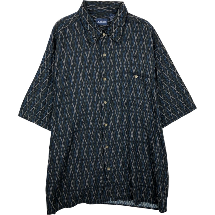 Puritan all-over print short-sleeved open-collar viscose shirt, boxy fit, men's size XL. Viscose rayon blue type Vintage Second Hand