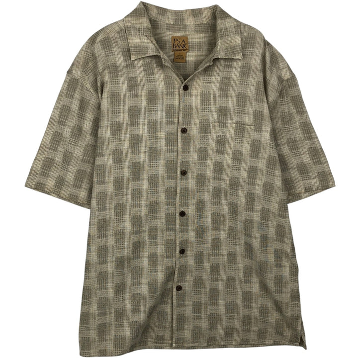 Jos. A. Bank all-over print short-sleeved open-collar silk x cotton box shirt, men's size L. silk Beige type Vintage Second Hand