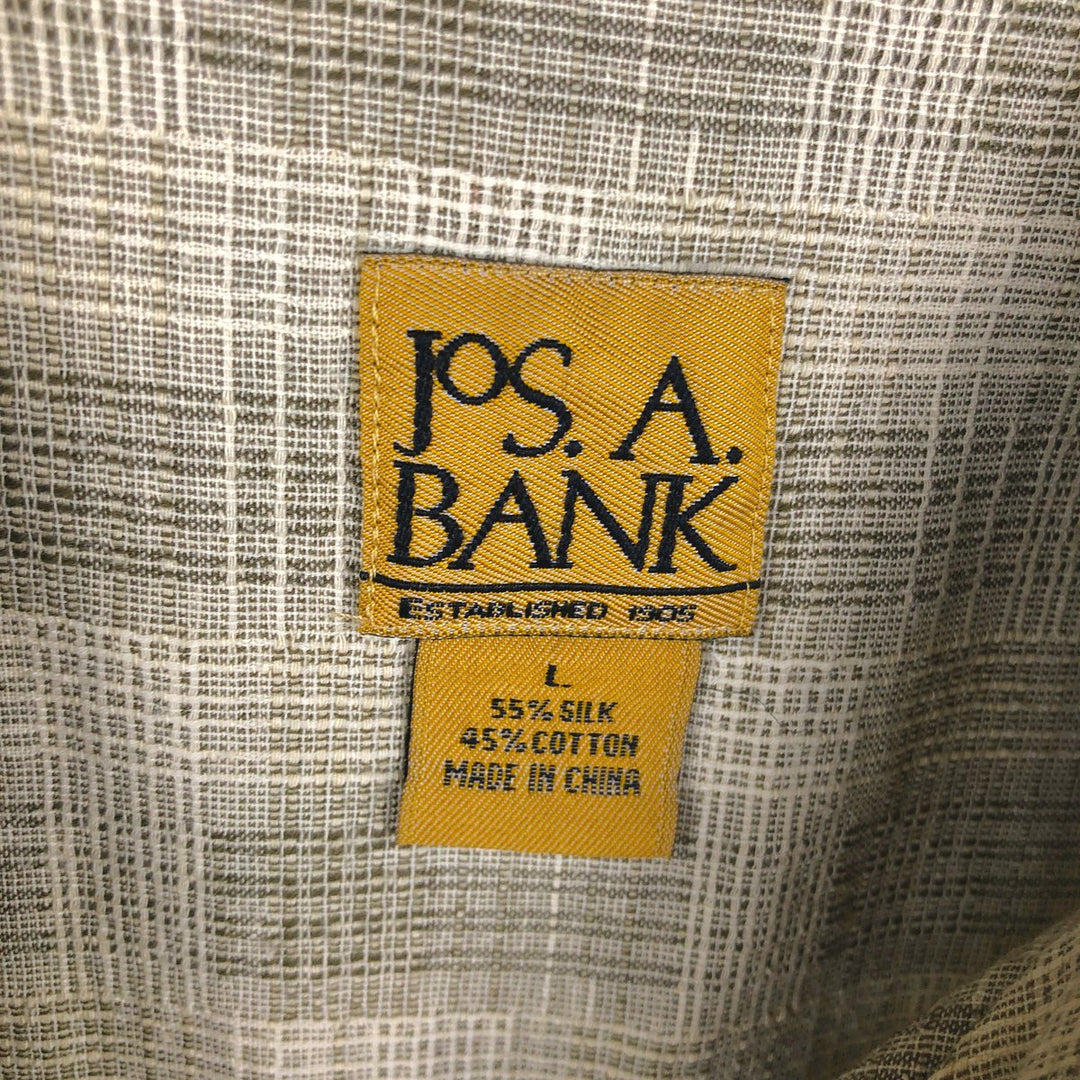 Jos. A. Bank all-over print short-sleeved open-collar silk x cotton box shirt, men's size L. silk Beige type Vintage Second Hand