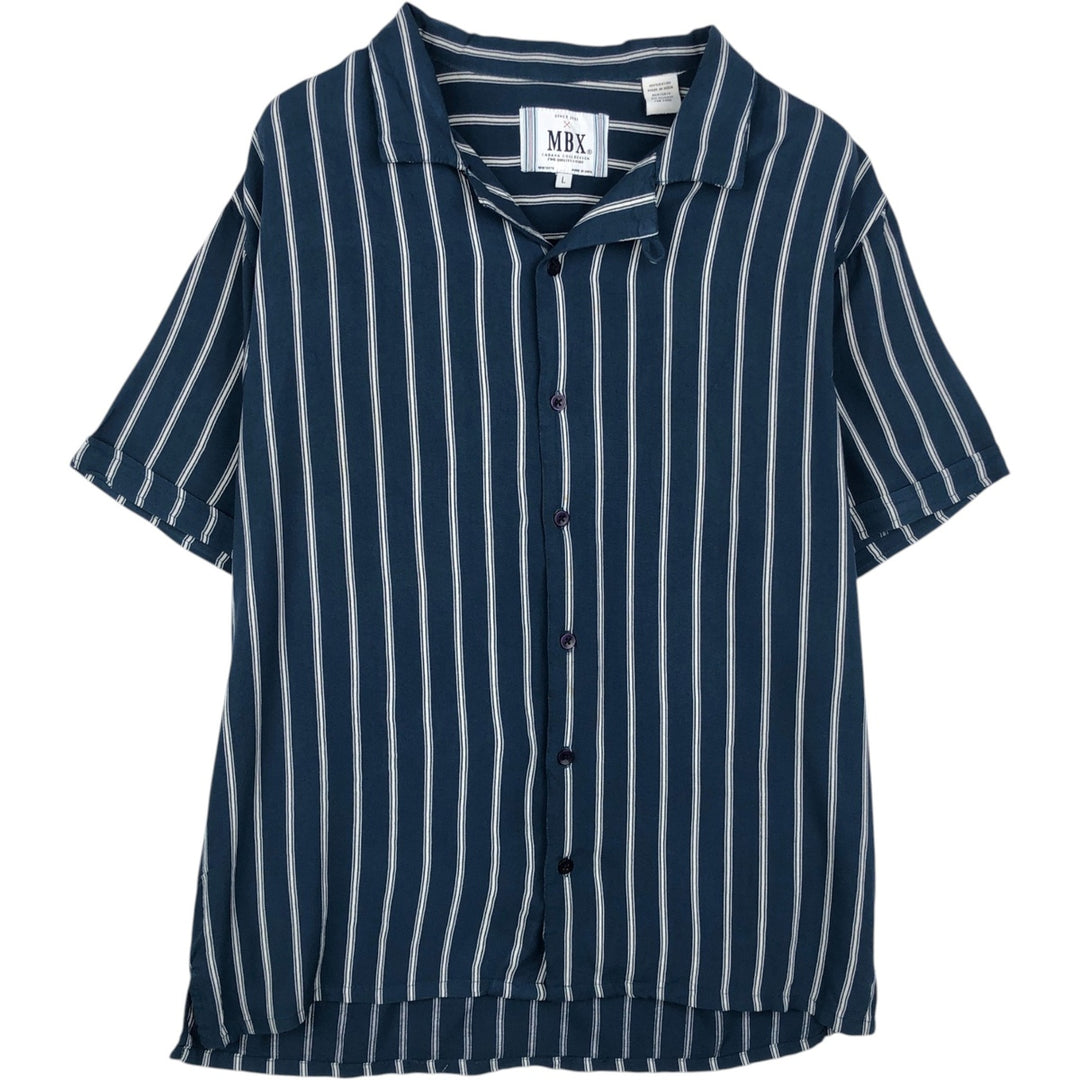 MBX Stripe Pattern Short-Sleeve Open Collar Rayon Shirt, Boxy Fit, Men's Size L Rayon navy blue type Vintage Second Hand