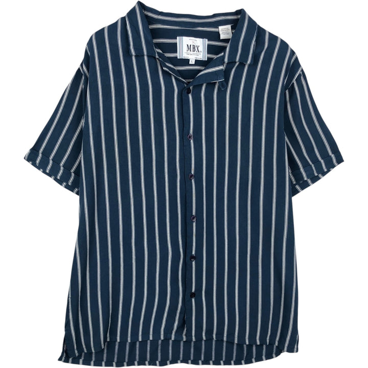 MBX Stripe Pattern Short-Sleeve Open Collar Rayon Shirt, Boxy Fit, Men's Size L Rayon navy blue type Vintage Second Hand