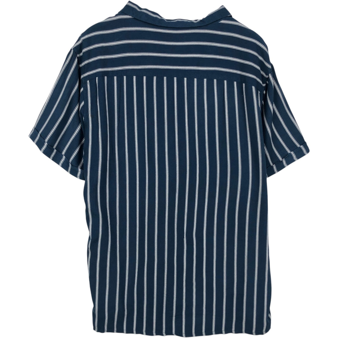 MBX Stripe Pattern Short-Sleeve Open Collar Rayon Shirt, Boxy Fit, Men's Size L Rayon navy blue type Vintage Second Hand