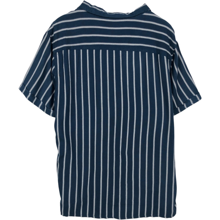 MBX Stripe Pattern Short-Sleeve Open Collar Rayon Shirt, Boxy Fit, Men's Size L Rayon navy blue type Vintage Second Hand