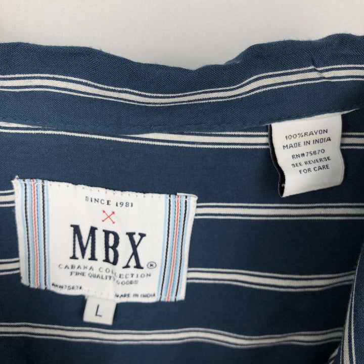 MBX Stripe Pattern Short-Sleeve Open Collar Rayon Shirt, Boxy Fit, Men's Size L Rayon navy blue type Vintage Second Hand