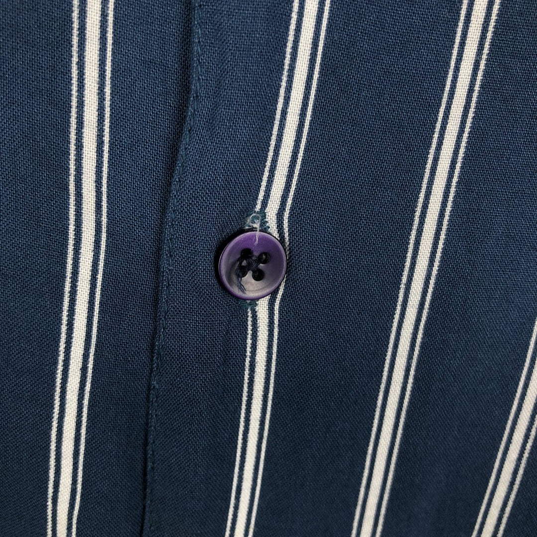 MBX Stripe Pattern Short-Sleeve Open Collar Rayon Shirt, Boxy Fit, Men's Size L Rayon navy blue type Vintage Second Hand