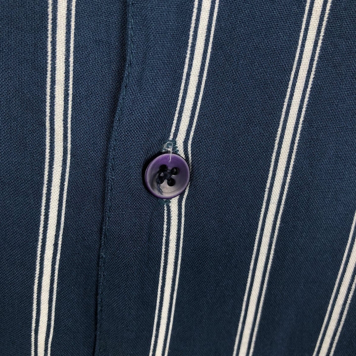 MBX Stripe Pattern Short-Sleeve Open Collar Rayon Shirt, Boxy Fit, Men's Size L Rayon navy blue type Vintage Second Hand