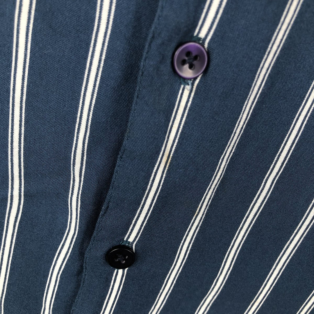 MBX Stripe Pattern Short-Sleeve Open Collar Rayon Shirt, Boxy Fit, Men's Size L Rayon navy blue type Vintage Second Hand