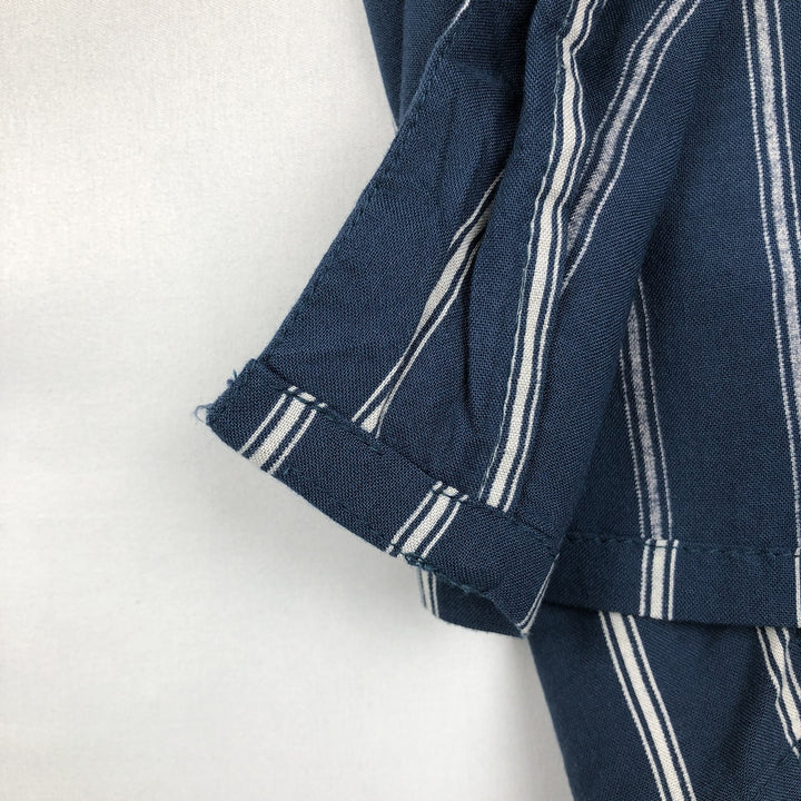 MBX Stripe Pattern Short-Sleeve Open Collar Rayon Shirt, Boxy Fit, Men's Size L Rayon navy blue type Vintage Second Hand
