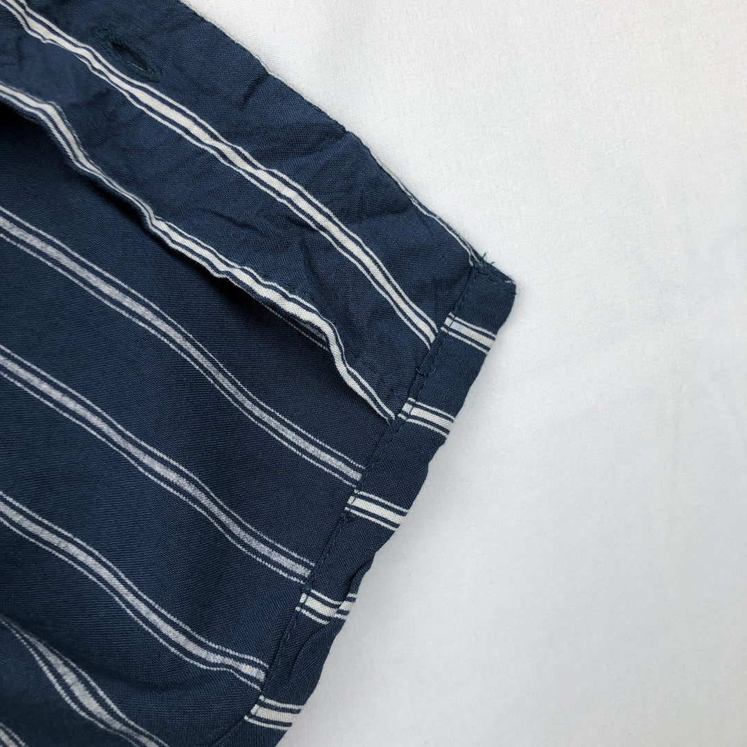 MBX Stripe Pattern Short-Sleeve Open Collar Rayon Shirt, Boxy Fit, Men's Size L Rayon navy blue type Vintage Second Hand