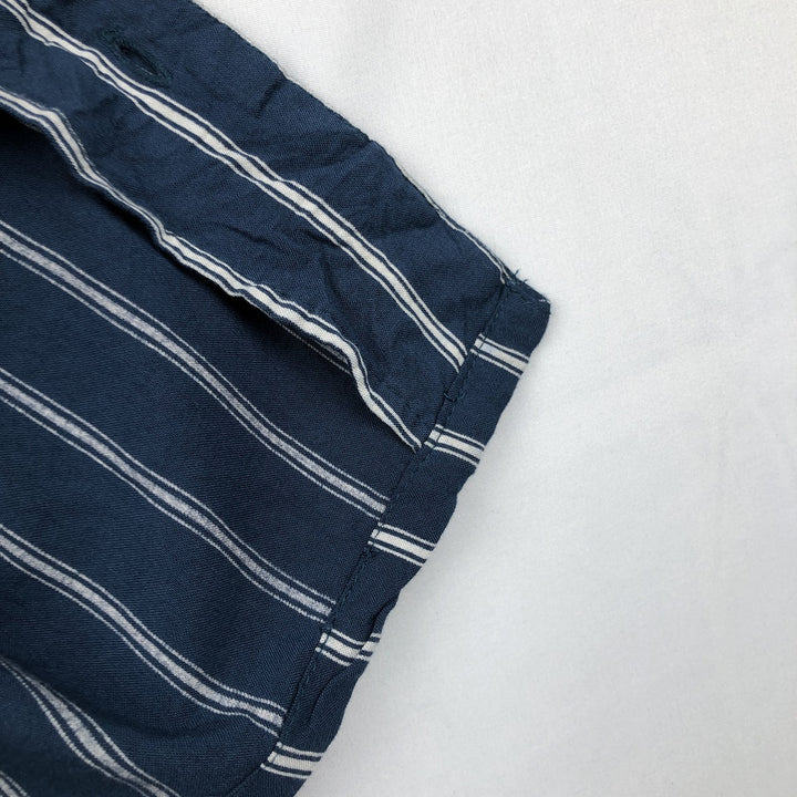 MBX Stripe Pattern Short-Sleeve Open Collar Rayon Shirt, Boxy Fit, Men's Size L Rayon navy blue type Vintage Second Hand