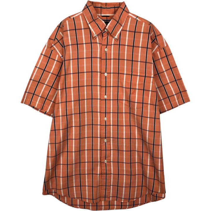Nautica 80's Two-Ply Cotton Short-Sleeve Button-Down Check Shirt, Men's Size L (approx.) cotton orange type Vintage Second Hand