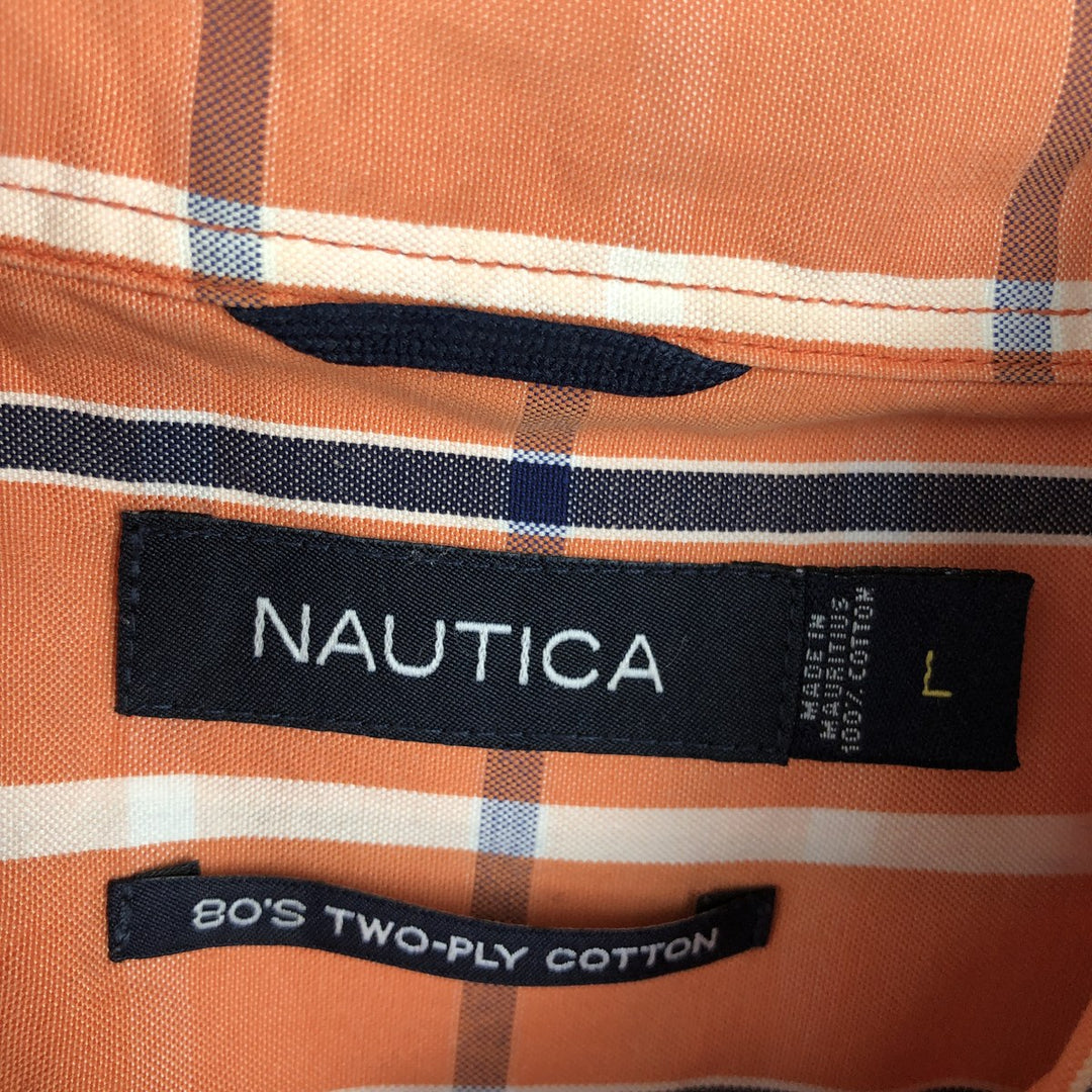 Nautica 80's Two-Ply Cotton Short-Sleeve Button-Down Check Shirt, Men's Size L (approx.) cotton orange type Vintage Second Hand