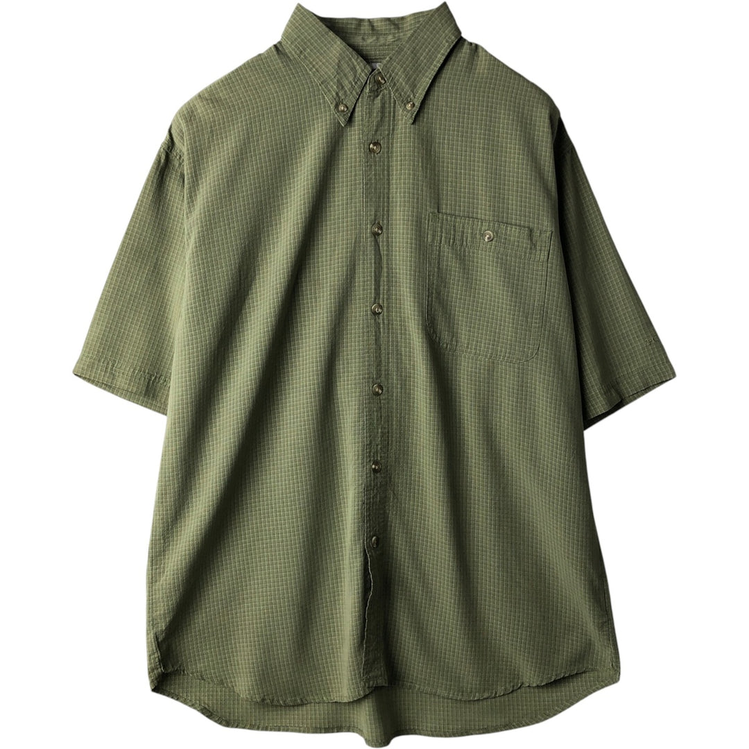 Columbia GRT Check Pattern Button-Down Short-Sleeve Viscose Shirt, Men's Size L (approx.) Viscose Khaki type sage green Vintage Second Hand