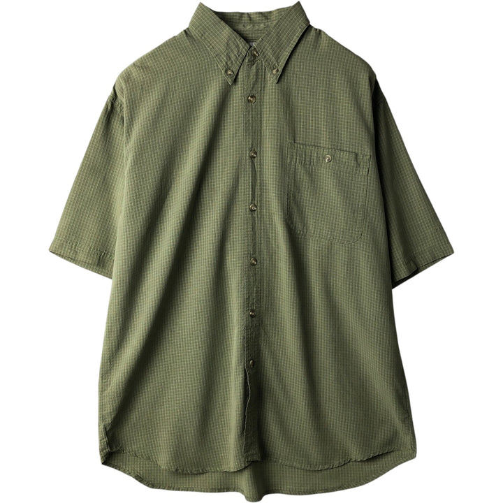 Columbia GRT Check Pattern Button-Down Short-Sleeve Viscose Shirt, Men's Size L (approx.) Viscose Khaki type sage green Vintage Second Hand