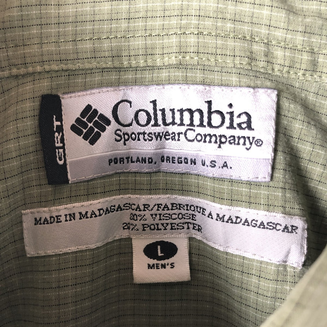 Columbia GRT Check Pattern Button-Down Short-Sleeve Viscose Shirt, Men's Size L (approx.) Viscose Khaki type sage green Vintage Second Hand