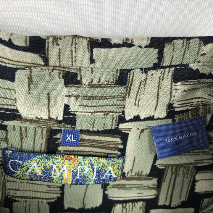 CAMPIA All-over print short-sleeved rayon shirt, boxy fit, men's size XL. Rayon green type Vintage Second Hand