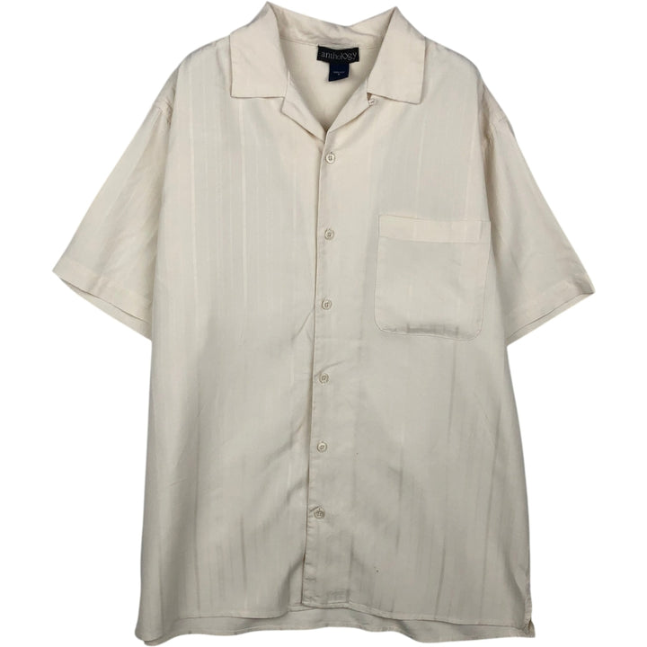 Anthology Stripe Pattern Short-Sleeve Open Collar Silk Shirt, Boxy Fit, Men's Size M silk pale white type Vintage Second Hand
