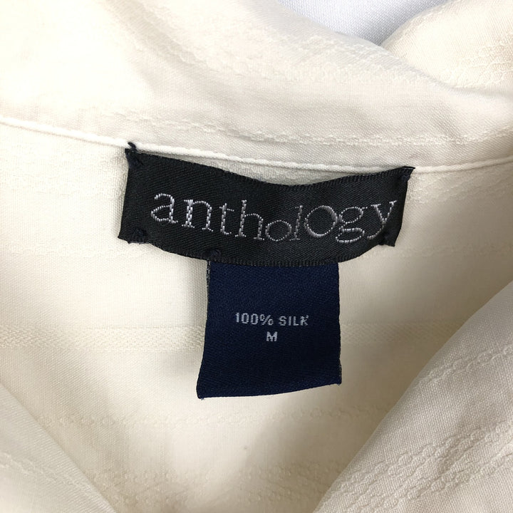 Anthology Stripe Pattern Short-Sleeve Open Collar Silk Shirt, Boxy Fit, Men's Size M silk pale white type Vintage Second Hand