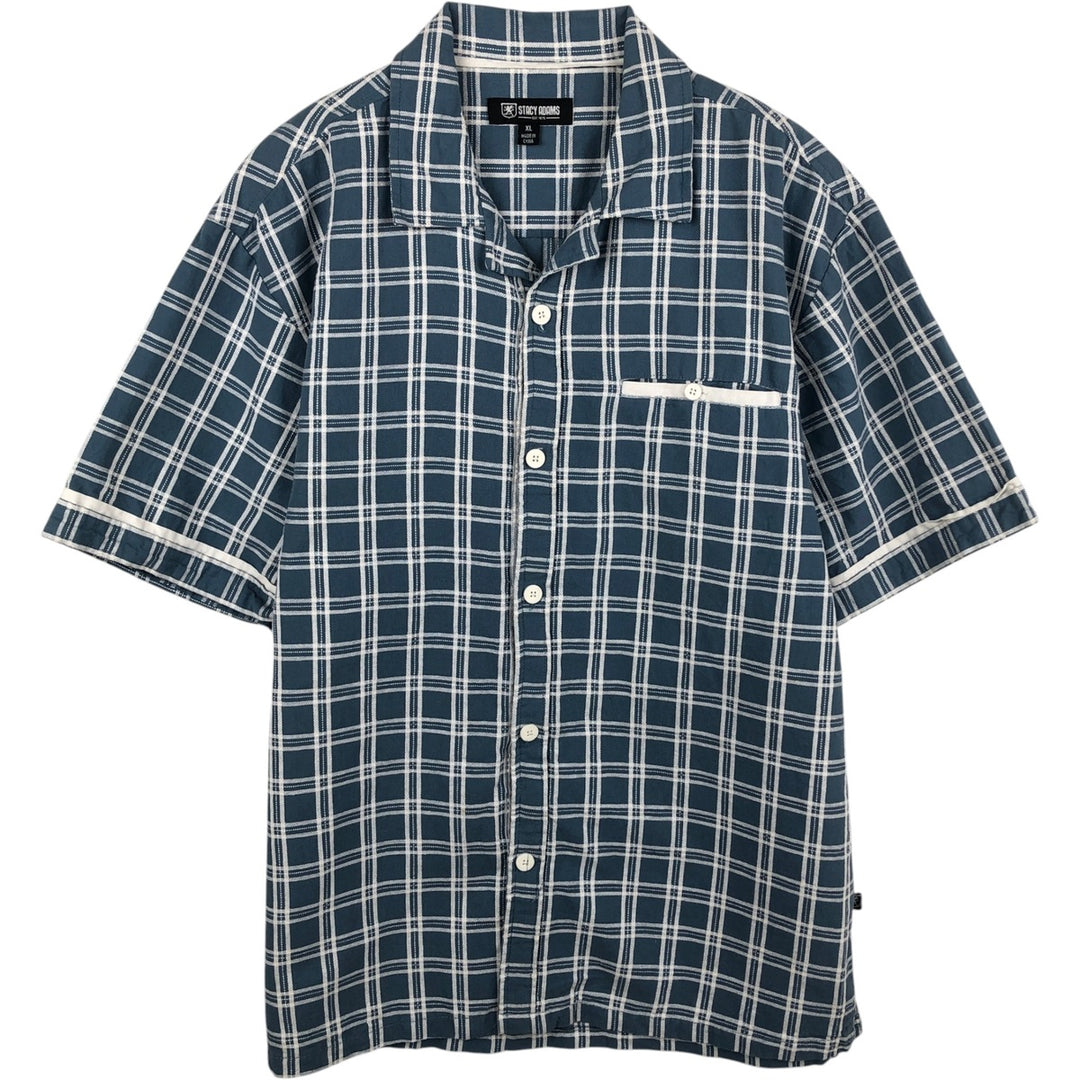 STACY ADAMS Check Pattern Short-Sleeve Open Collar Linen Shirt, Boxy Shirt, Men's Size XL (approx.) linen blue type Vintage Second Hand