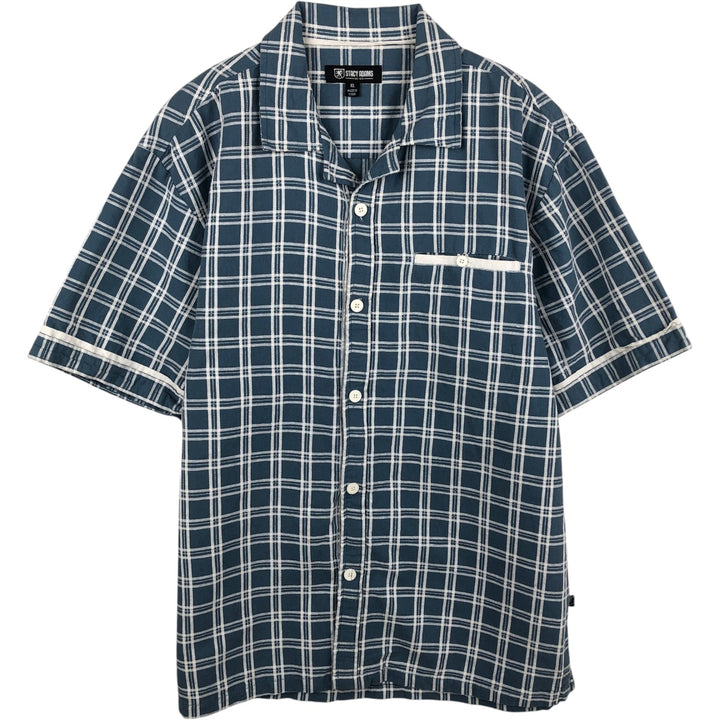 STACY ADAMS Check Pattern Short-Sleeve Open Collar Linen Shirt, Boxy Shirt, Men's Size XL (approx.) linen blue type Vintage Second Hand