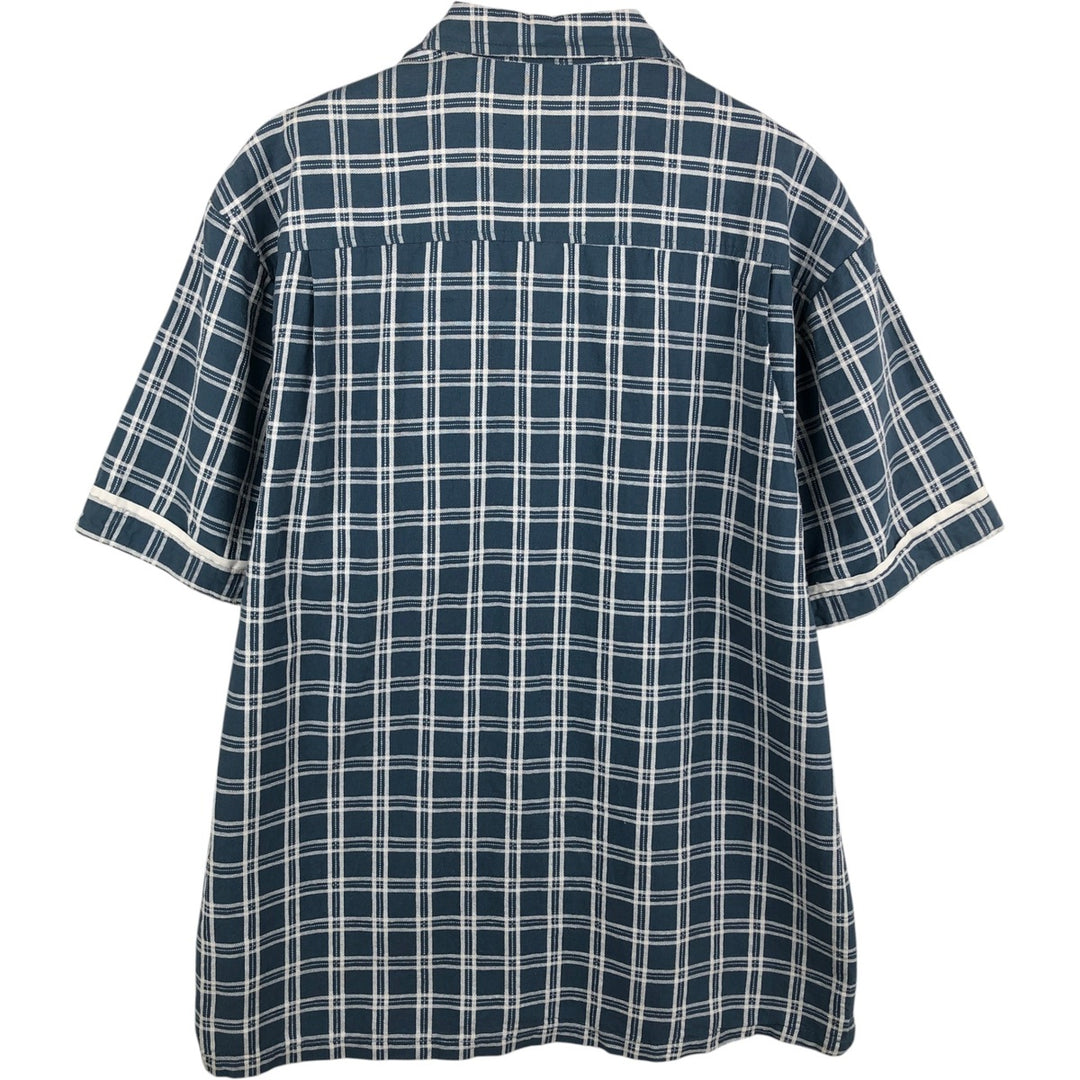 STACY ADAMS Check Pattern Short-Sleeve Open Collar Linen Shirt, Boxy Shirt, Men's Size XL (approx.) linen blue type Vintage Second Hand