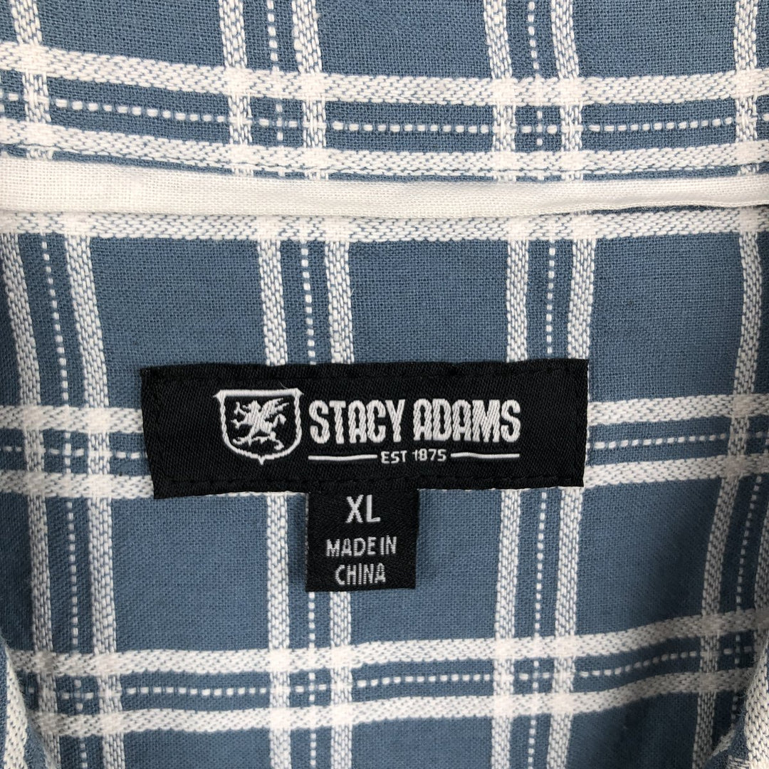 STACY ADAMS Check Pattern Short-Sleeve Open Collar Linen Shirt, Boxy Shirt, Men's Size XL (approx.) linen blue type Vintage Second Hand