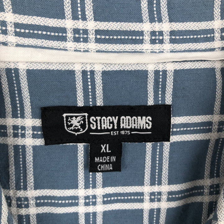 STACY ADAMS Check Pattern Short-Sleeve Open Collar Linen Shirt, Boxy Shirt, Men's Size XL (approx.) linen blue type Vintage Second Hand